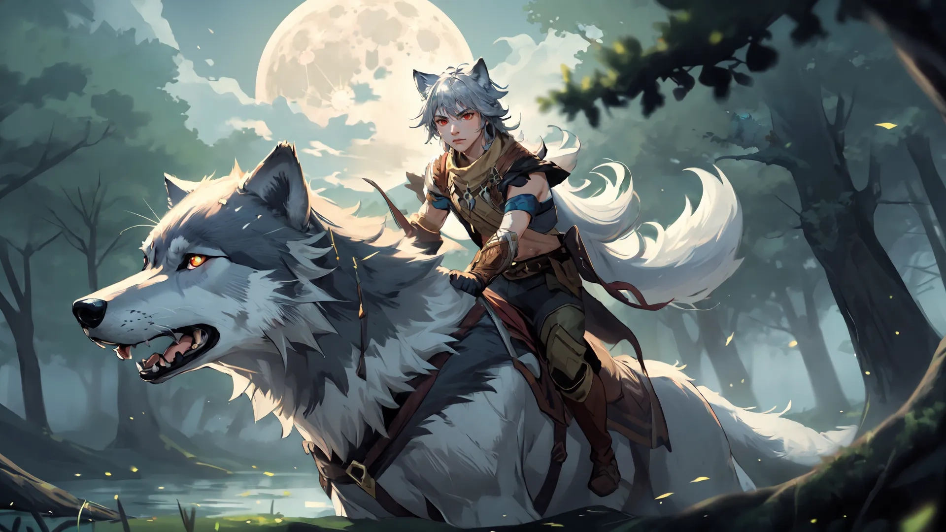 an anime character riding on a white wolf covered in leaves near a forest with full moon behind her she's head is blue hair