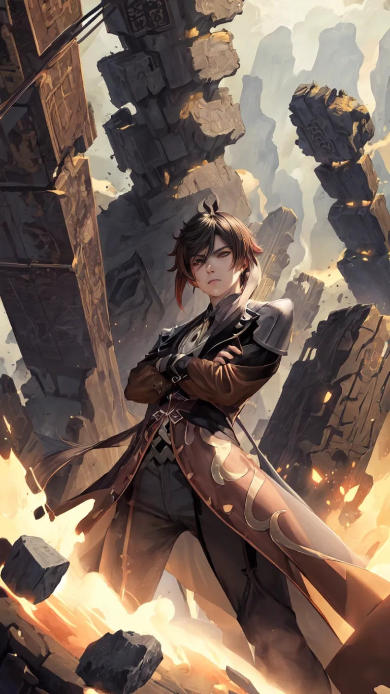 a photo of an anime holding a weapon and looking down on some rocks in a city area with a train or a man next to it that has the ruins and several people behind him
