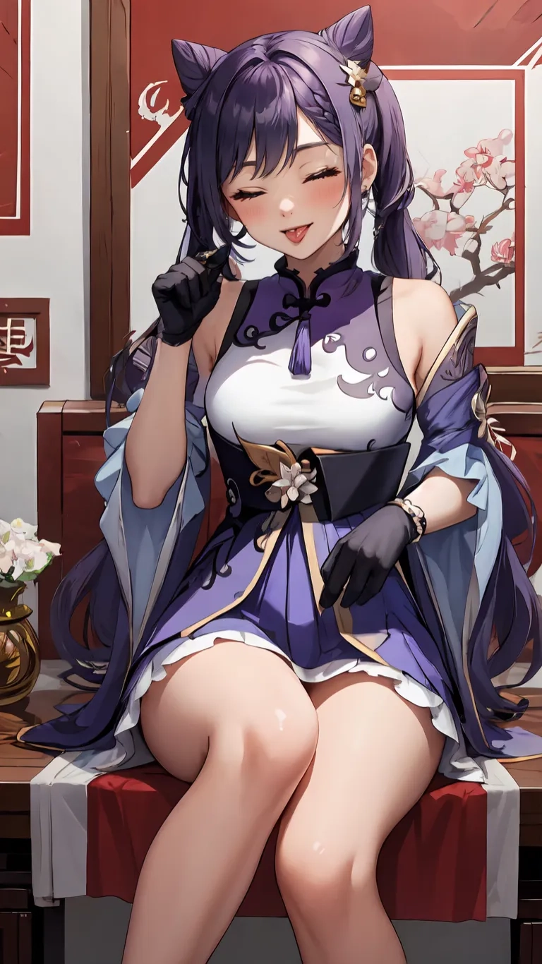 the anime doll is sitting down while talking on her cell phone nearby is a plant and table with a lamp, flowers, vase of white roses