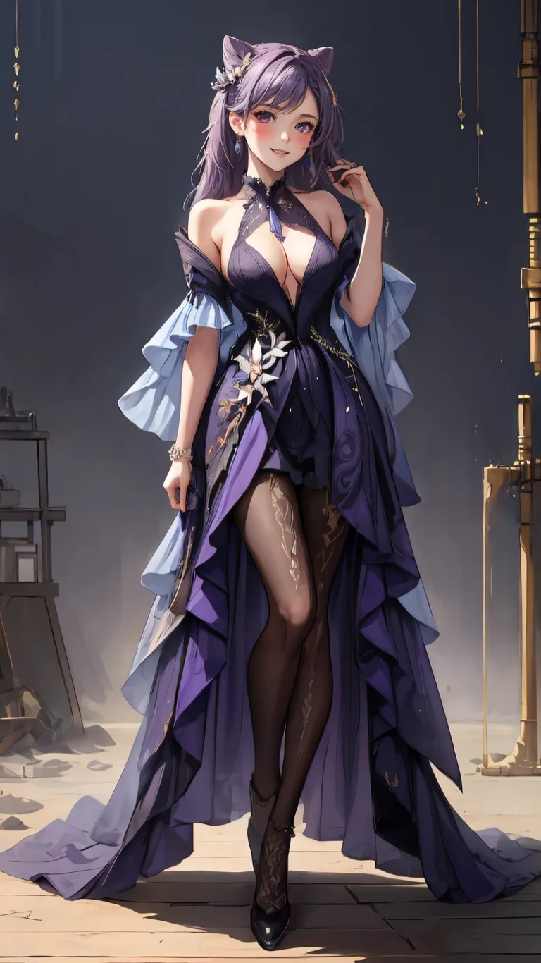 a woman with many different types of garb and clothes standing on a platform in front of a street light at night sky wearing a dress
