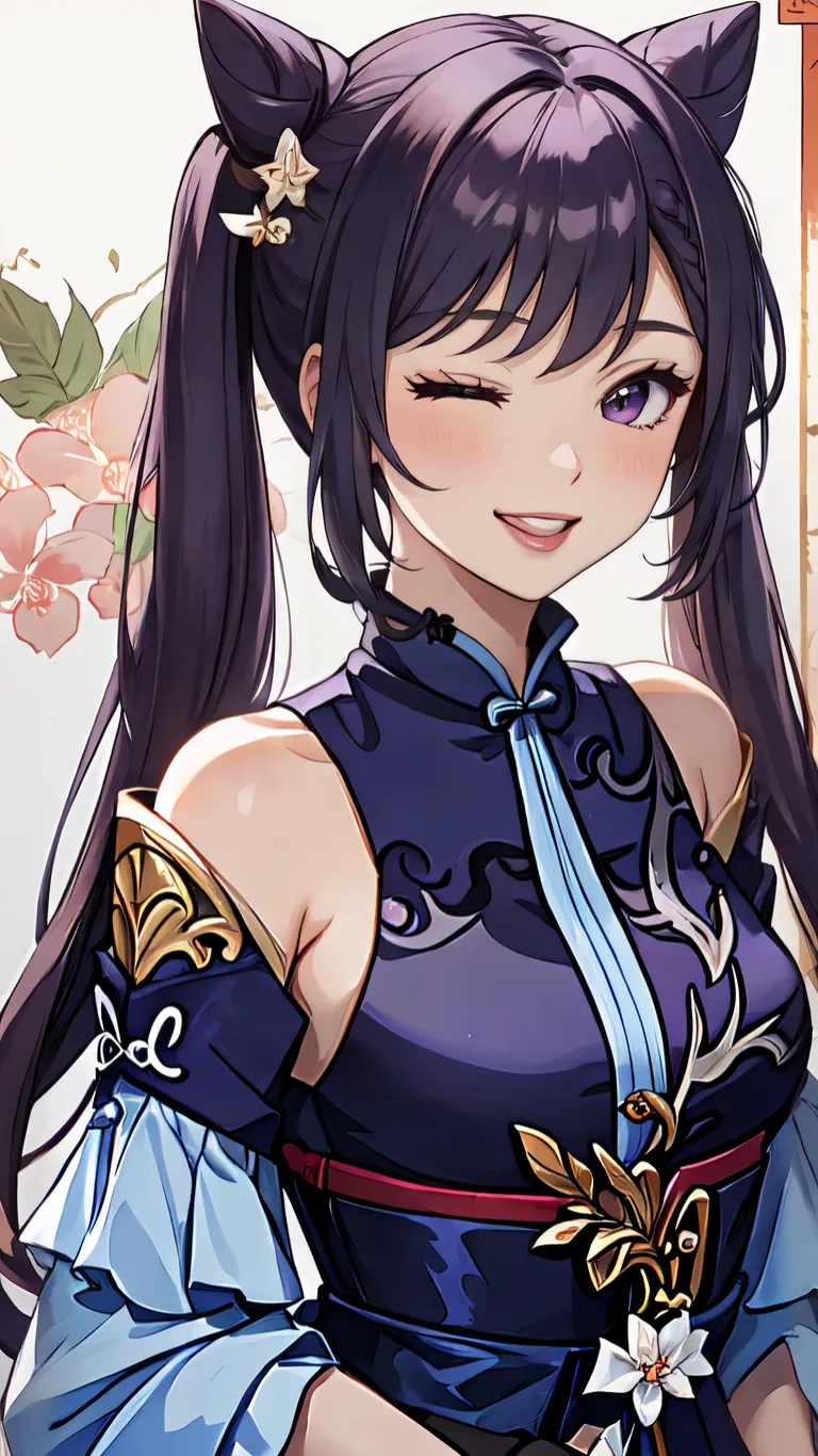 a very pretty young lady in an asian dress with horns on her head and wearing a headband and holding a cup in a room