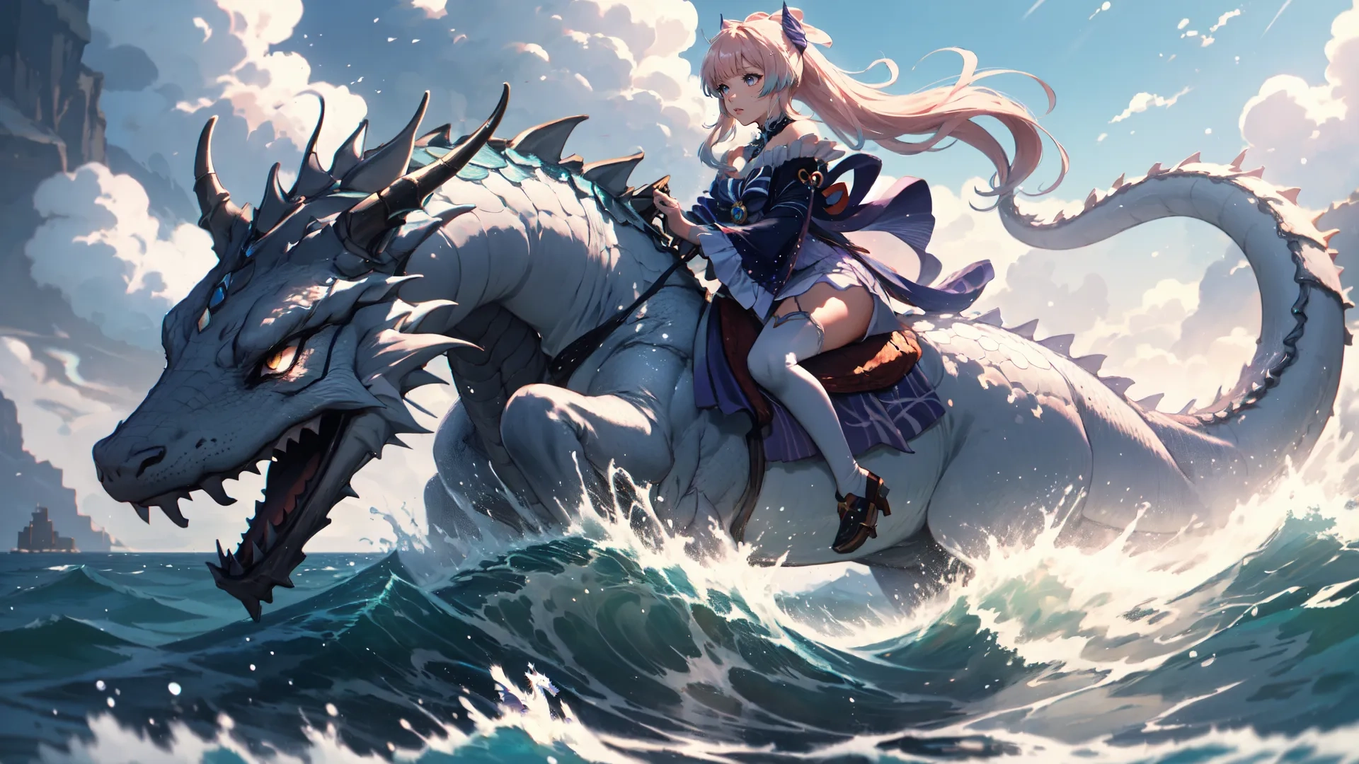 a person riding a horse a dragon with some water around it and clouds in the sky surrounding them on the opposite side of the painting
