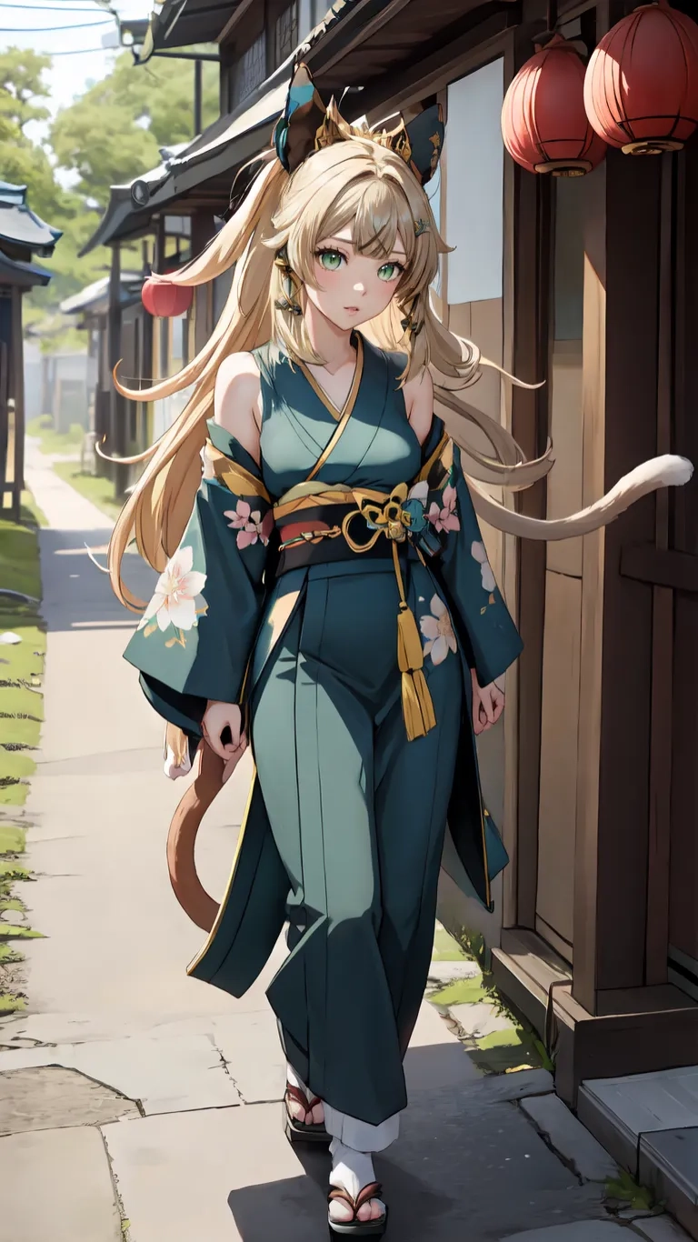 the woman has long blonde hair walking down the sidewalk in a kimono garb and white sandals and a traditional green outfit with golden accessories