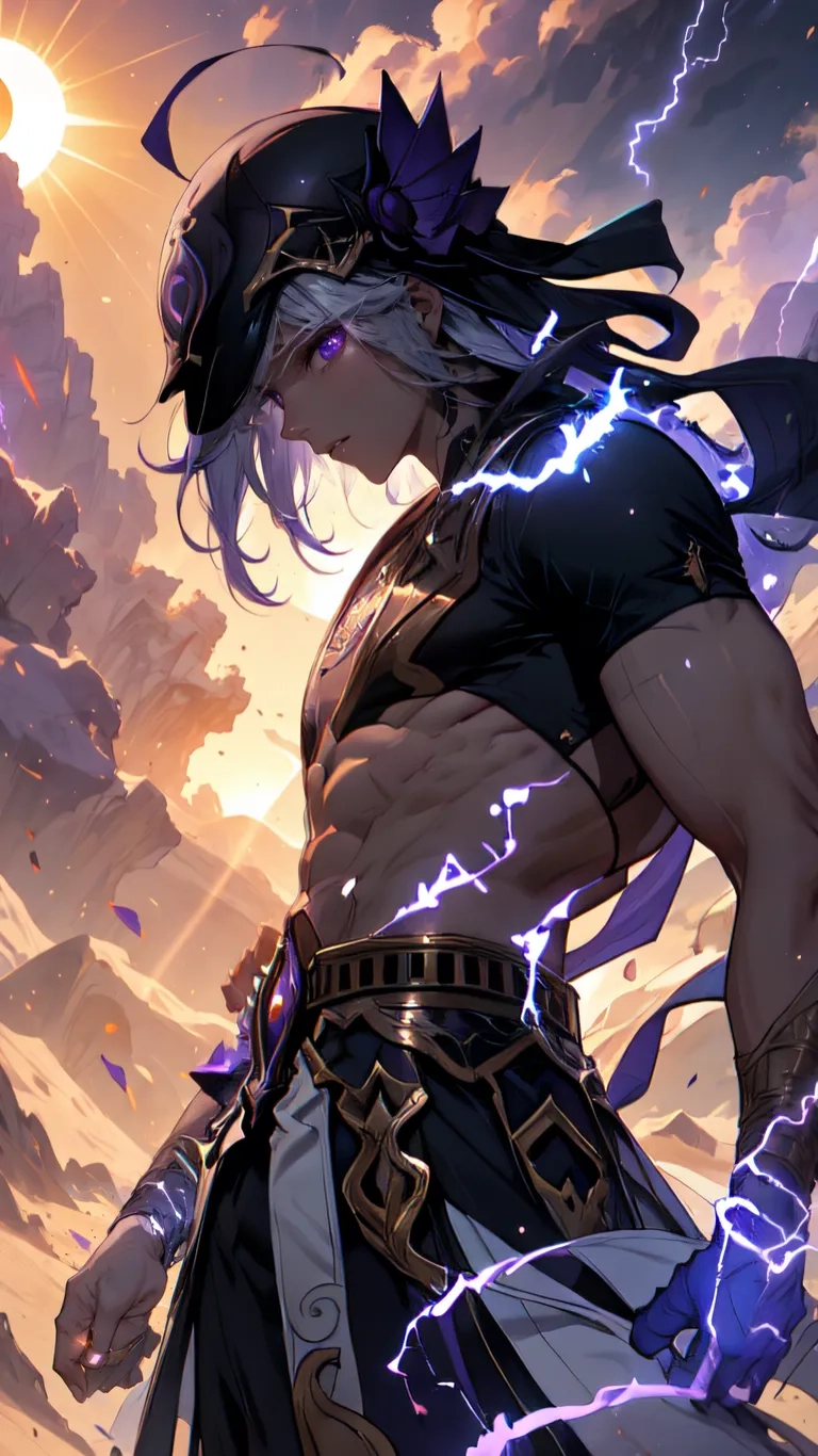 comic comics characters are playing with lightning in the desert background for a video game about a demonic warrior looking into another world like world on his