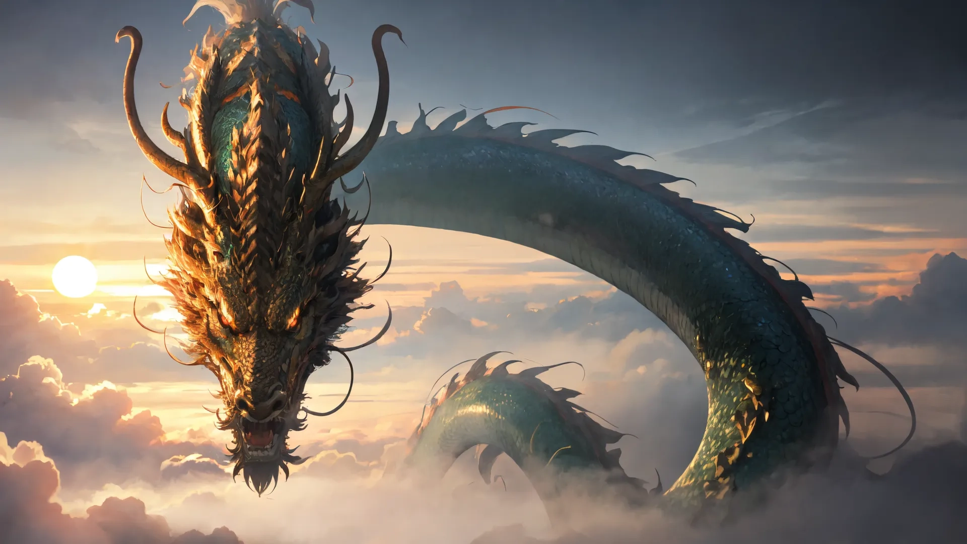 a dragon breathing like an animal above the clouds and below it, a pink sunset and some white clouds and sun lit by its beams