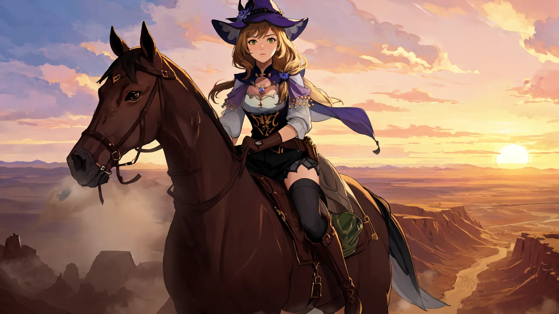 a woman in western costume riding a horse at sunset