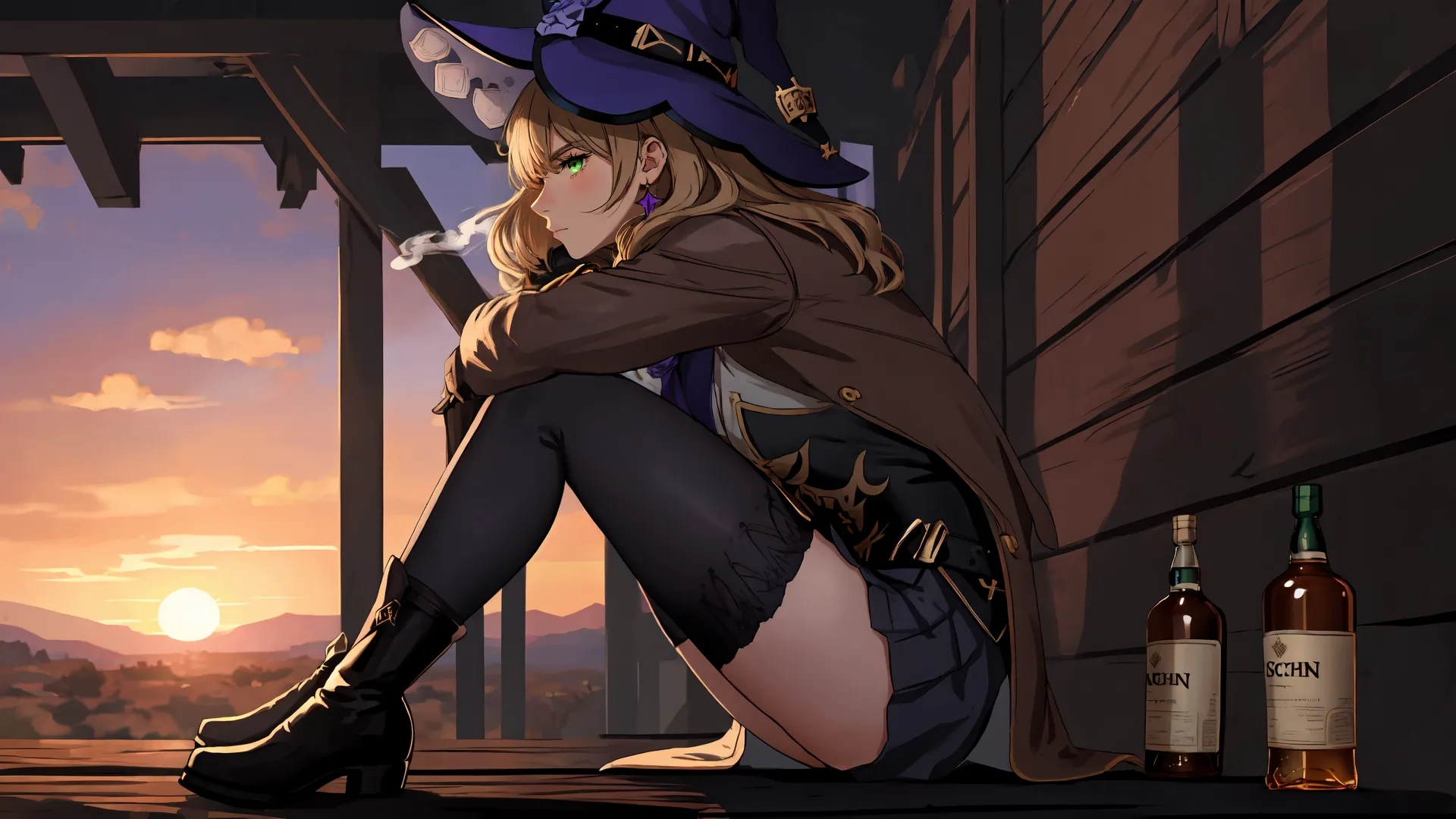 a woman sitting on the floor near some alcohol