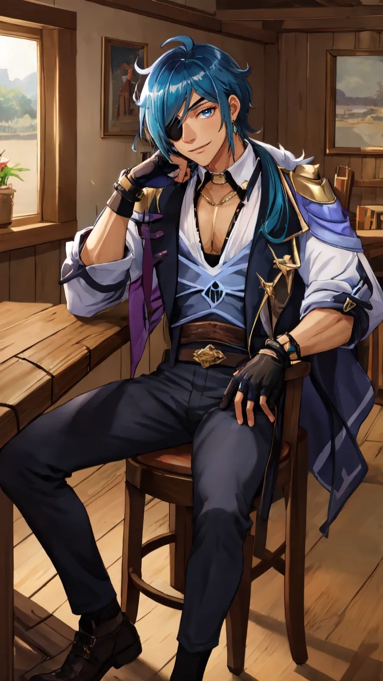 an anime character sitting on top of a wood table
