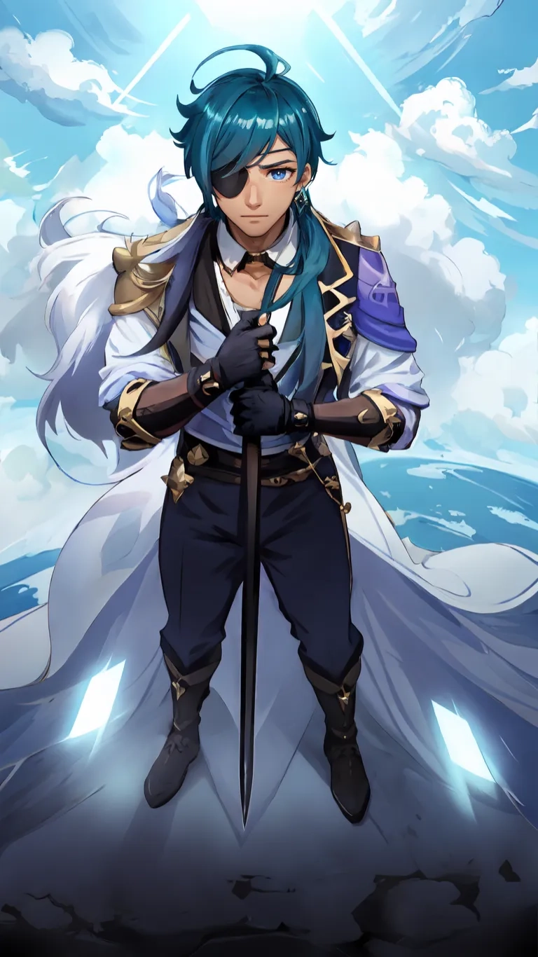 a cartoon person with blue hair is holding a sword and standing