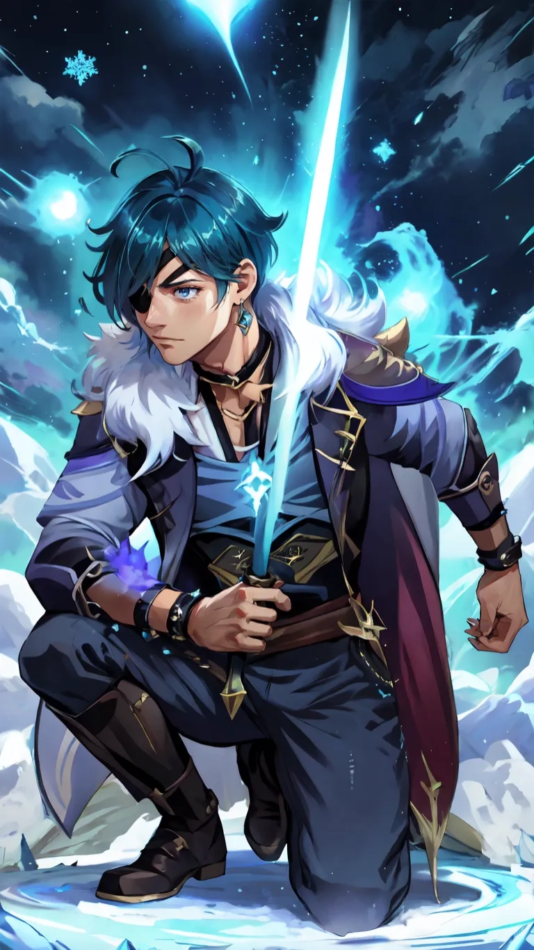 a guy with blue hair and a sword is kneeling in the snow