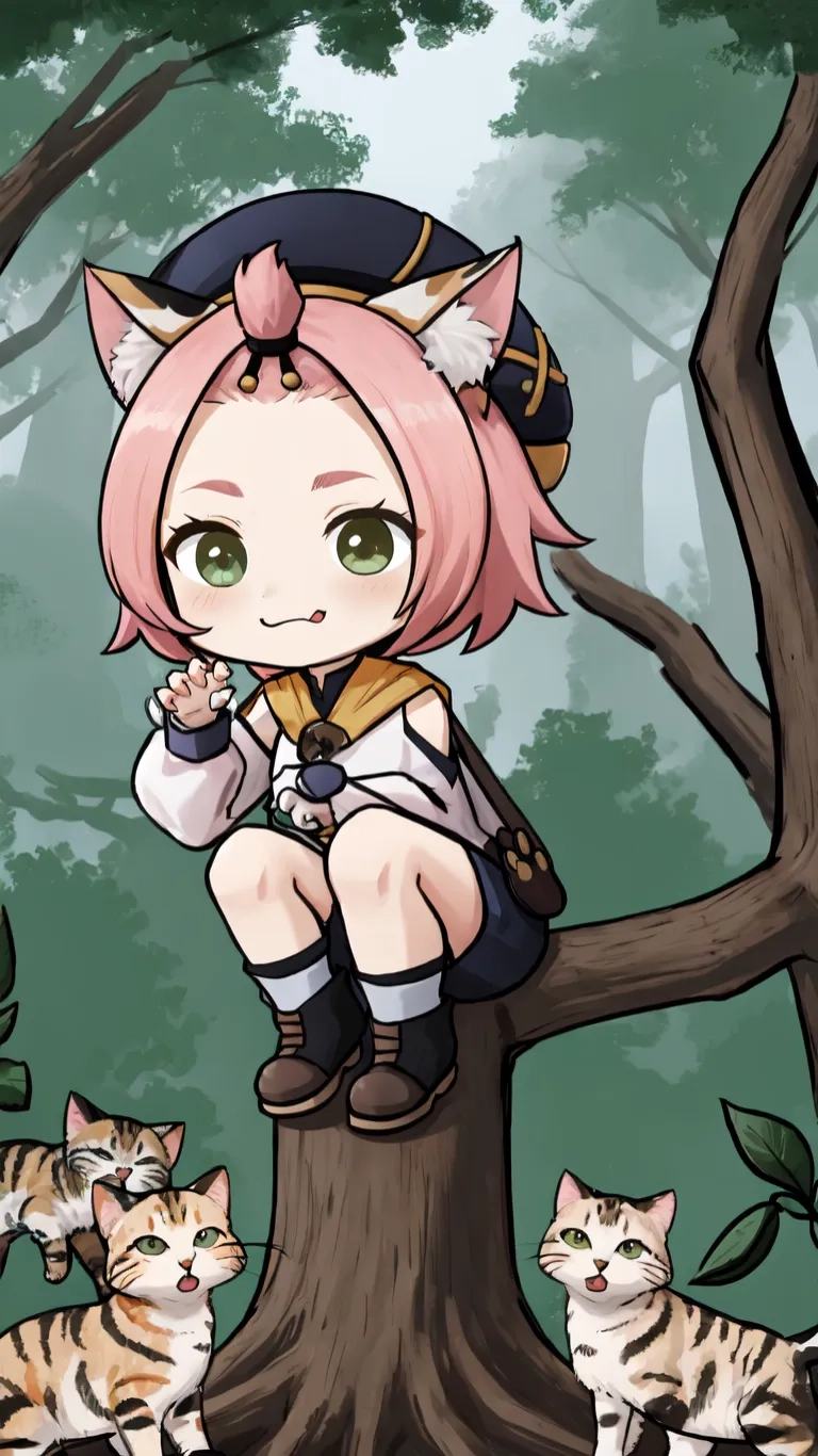 cartoon fox sitting on top of a tree with many other cats watching