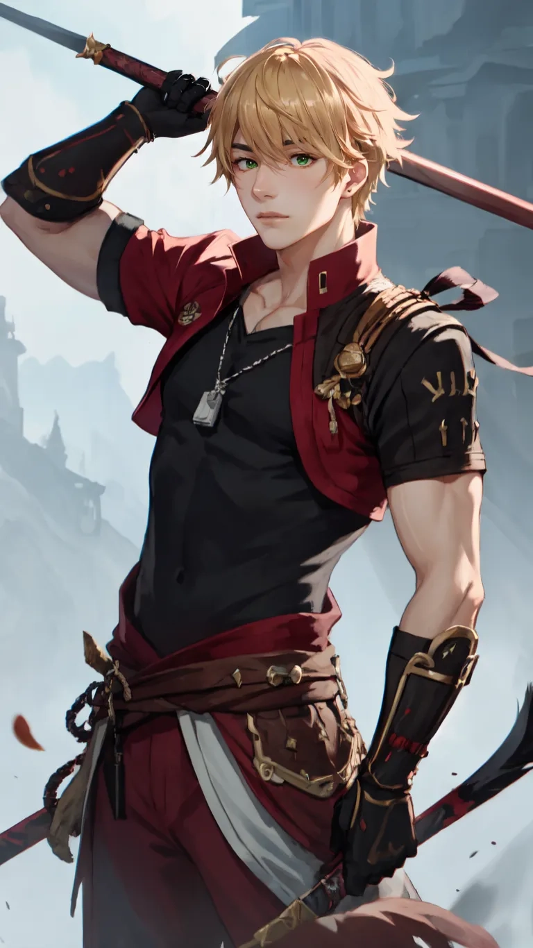 an artwork with a guy with sword in middle