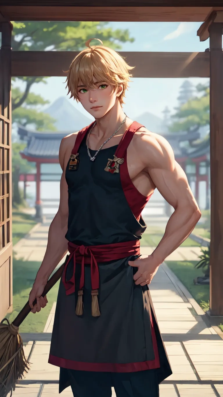 a young man in a ninja outfit with brooms