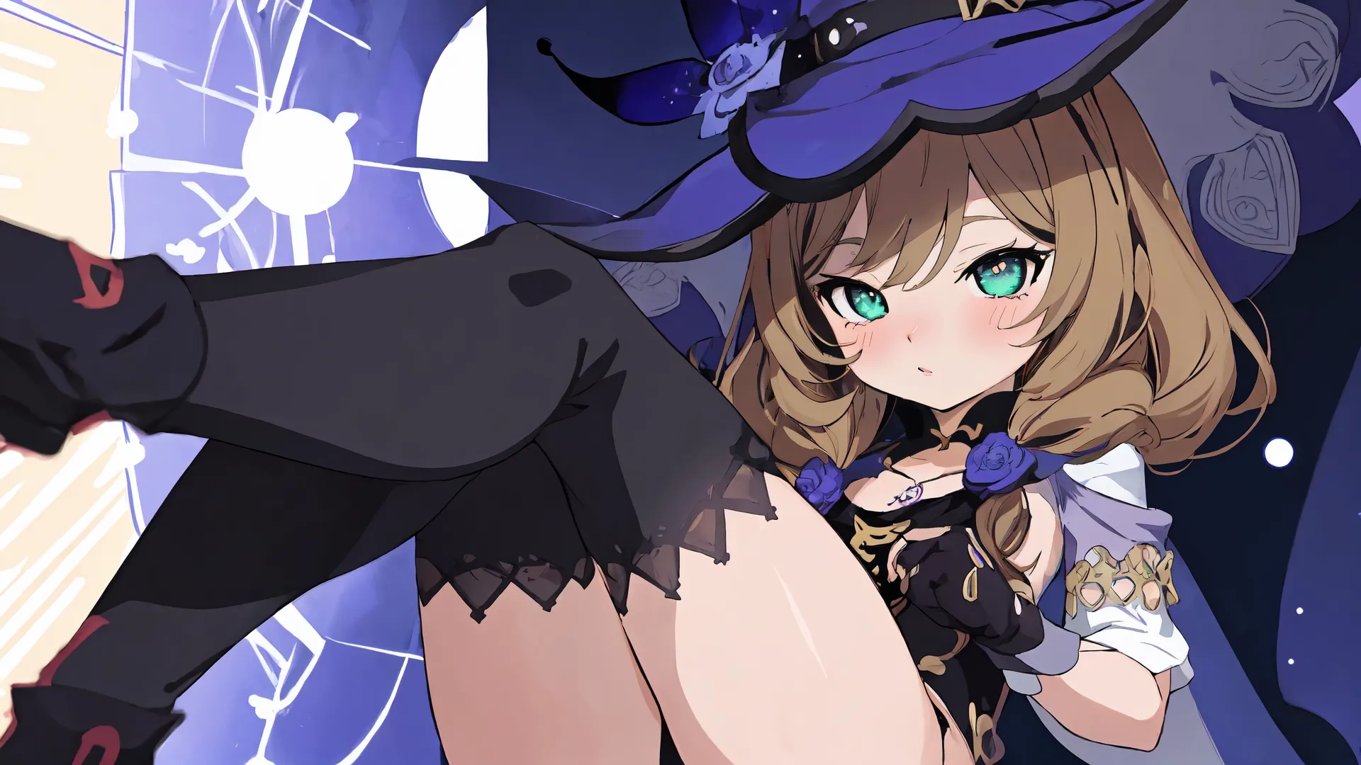 witch with hat sitting on her knee near the window near clock and wall covered in notes or music symbols and sound instruments as it appears to represent halloween