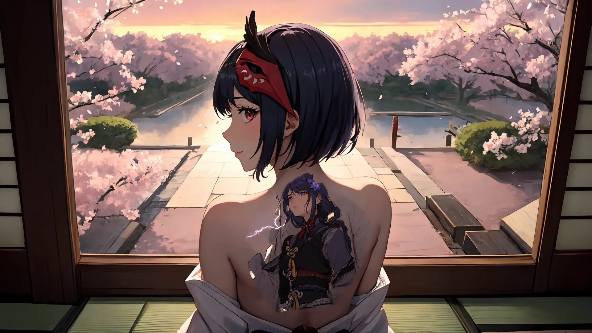 a very cute girl sitting down in a room with cherry blossom