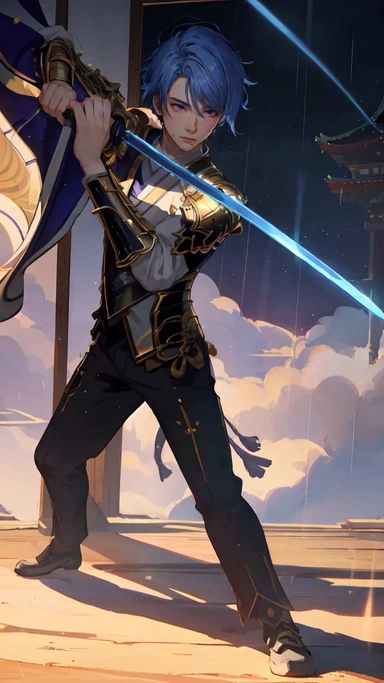 blue haired girl dressed in black with a sword and armor in front of anime - themed background