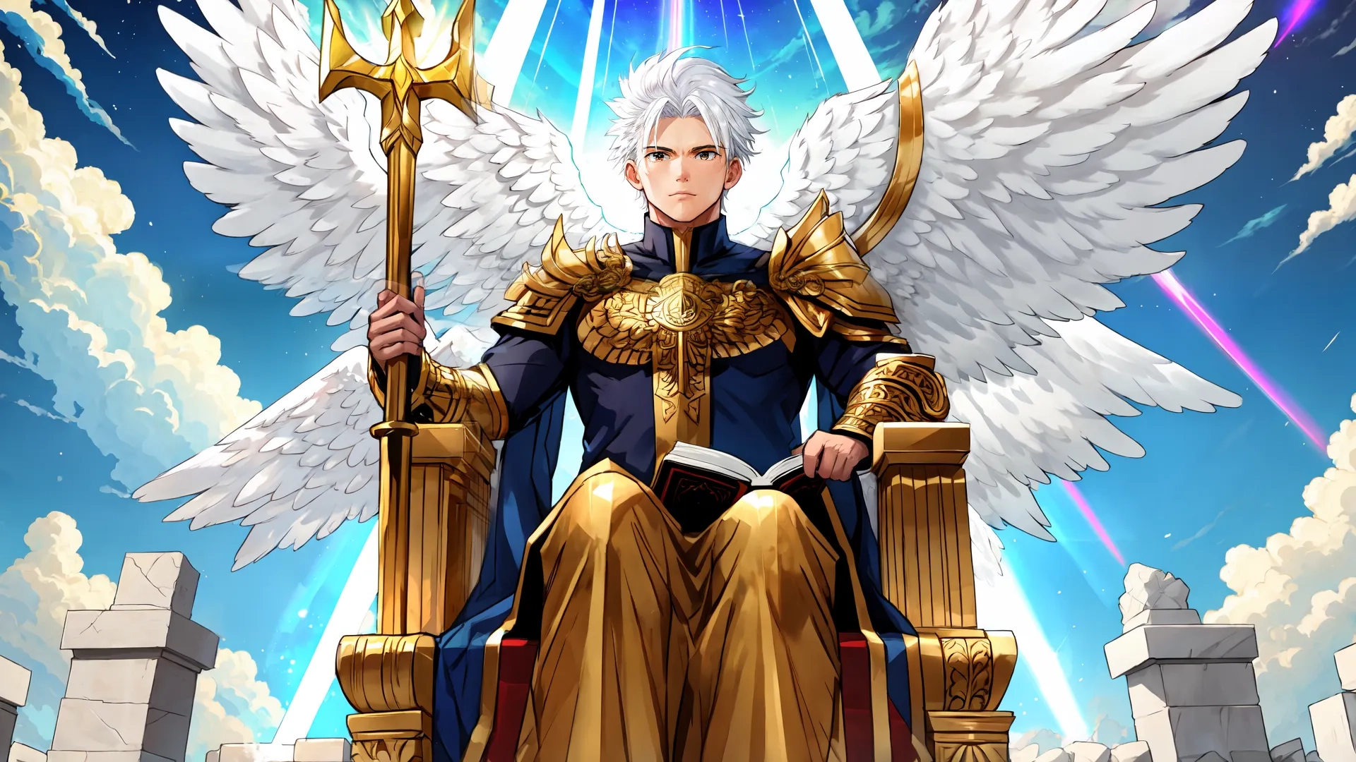 a female angel sitting on a throne surrounded by clouds