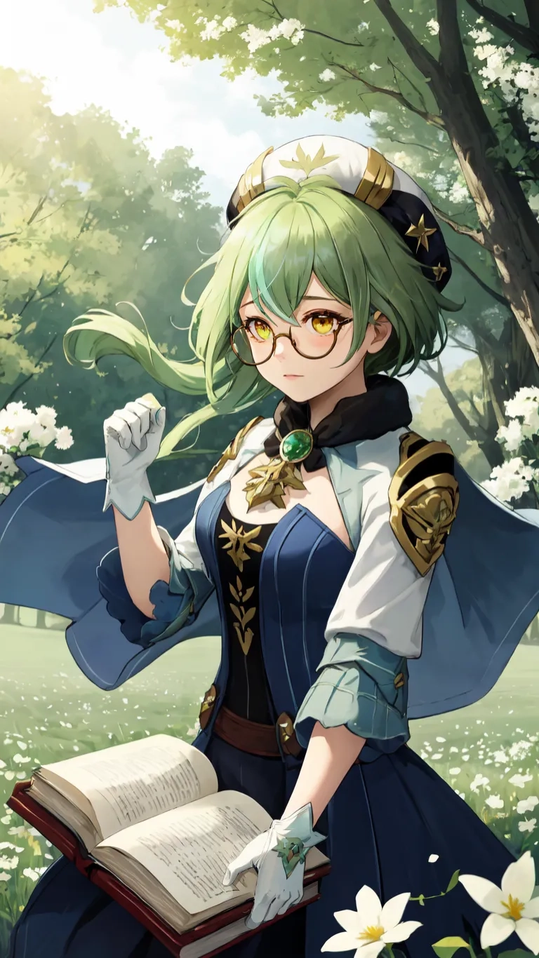 a anime girl that is standing near flowers with a book in hand and open book with her hand