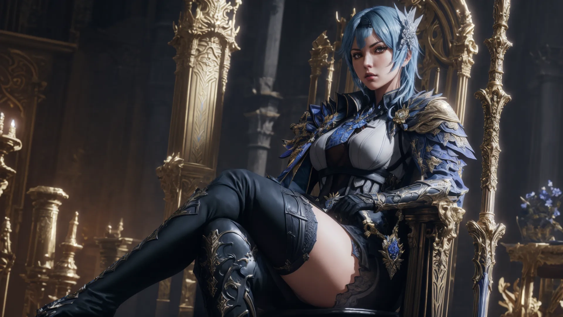 a pretty woman sitting in a throne dressed as a witch with big breasts and big nipples
