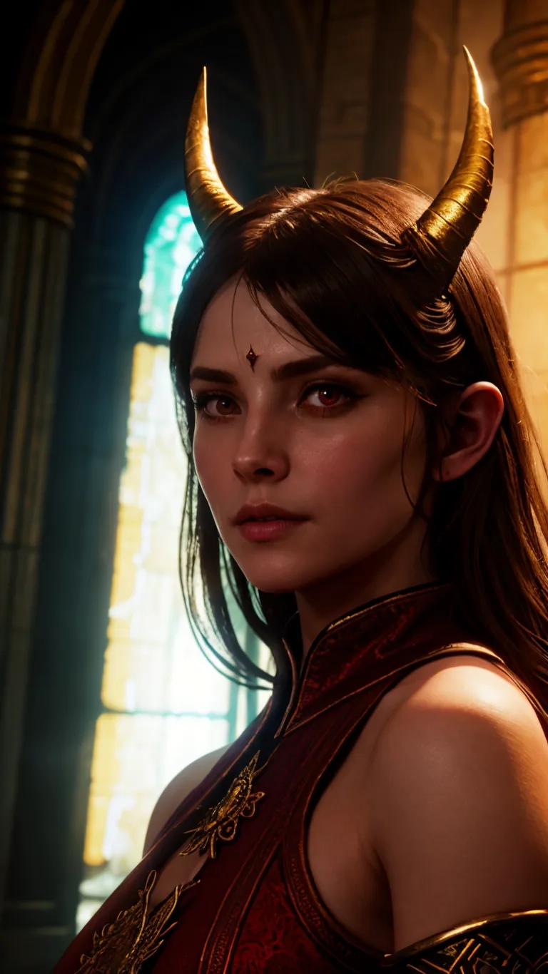a woman dressed up with horns standing next to a stained window and looking off into the distance
