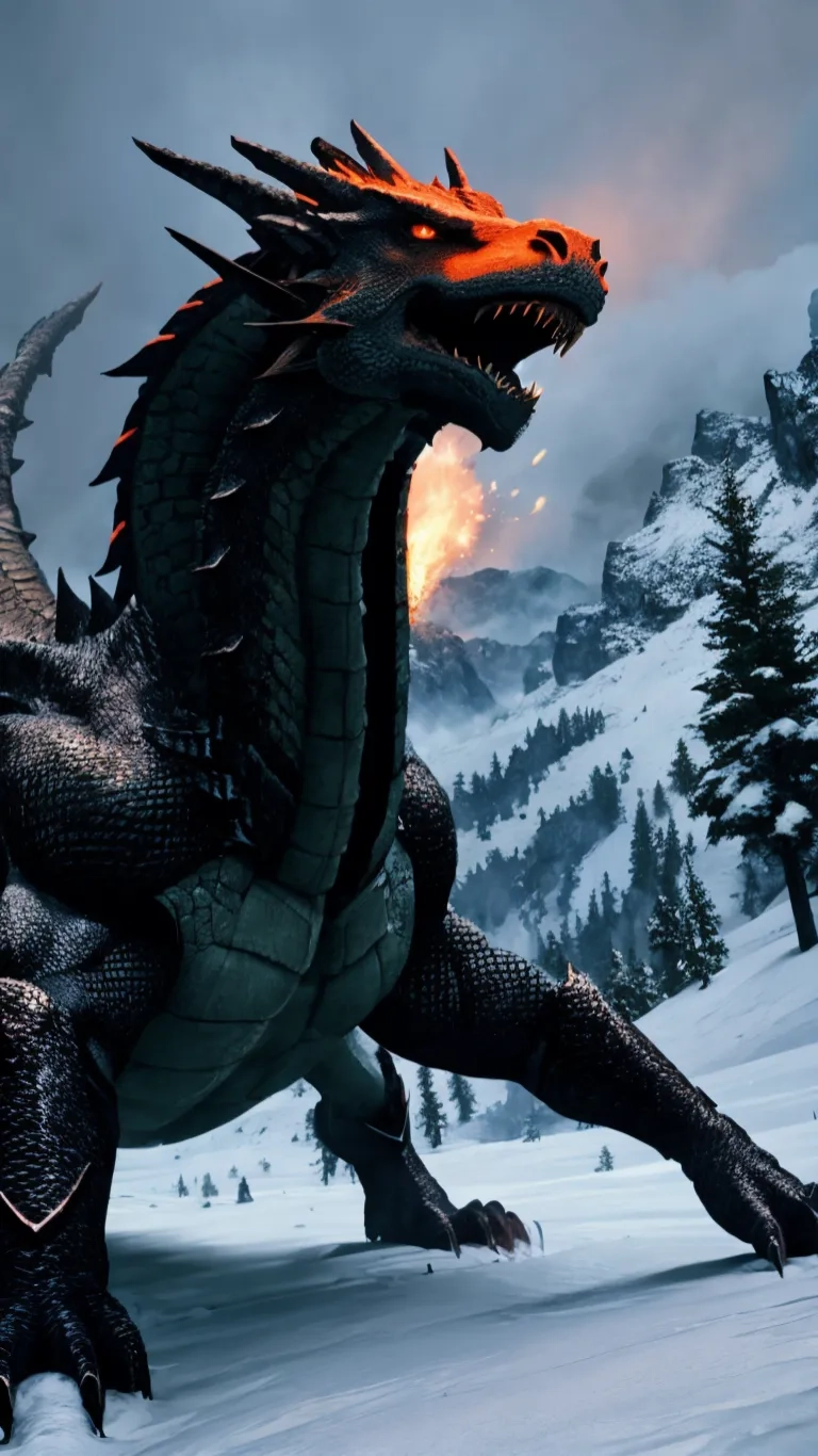a giant black dragon in the snow near a mountain top with a blaze coming out from it