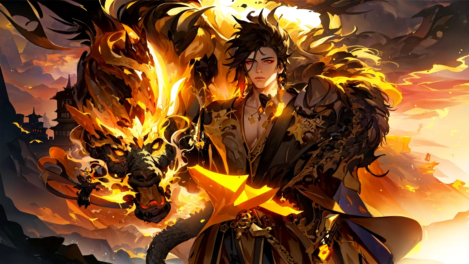 young anime boy with a sword standing in an animated pose, with dark winged wings nearby and a golden flame on his arm behind him, from which is a huge dragon