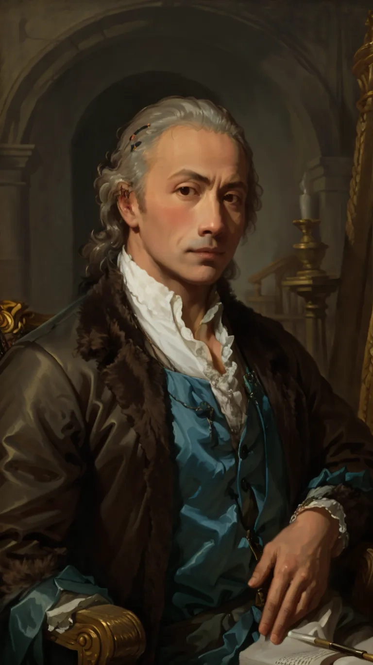 a painting of a man with gray hair and blue dress