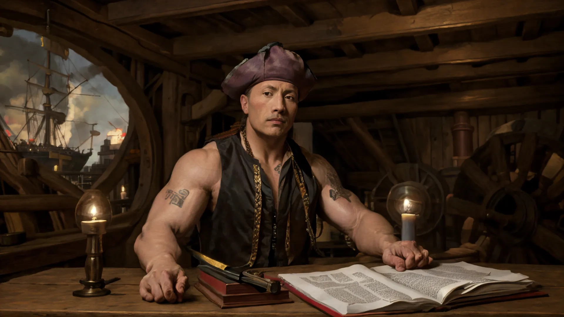 a man wearing a hat at a table with a book