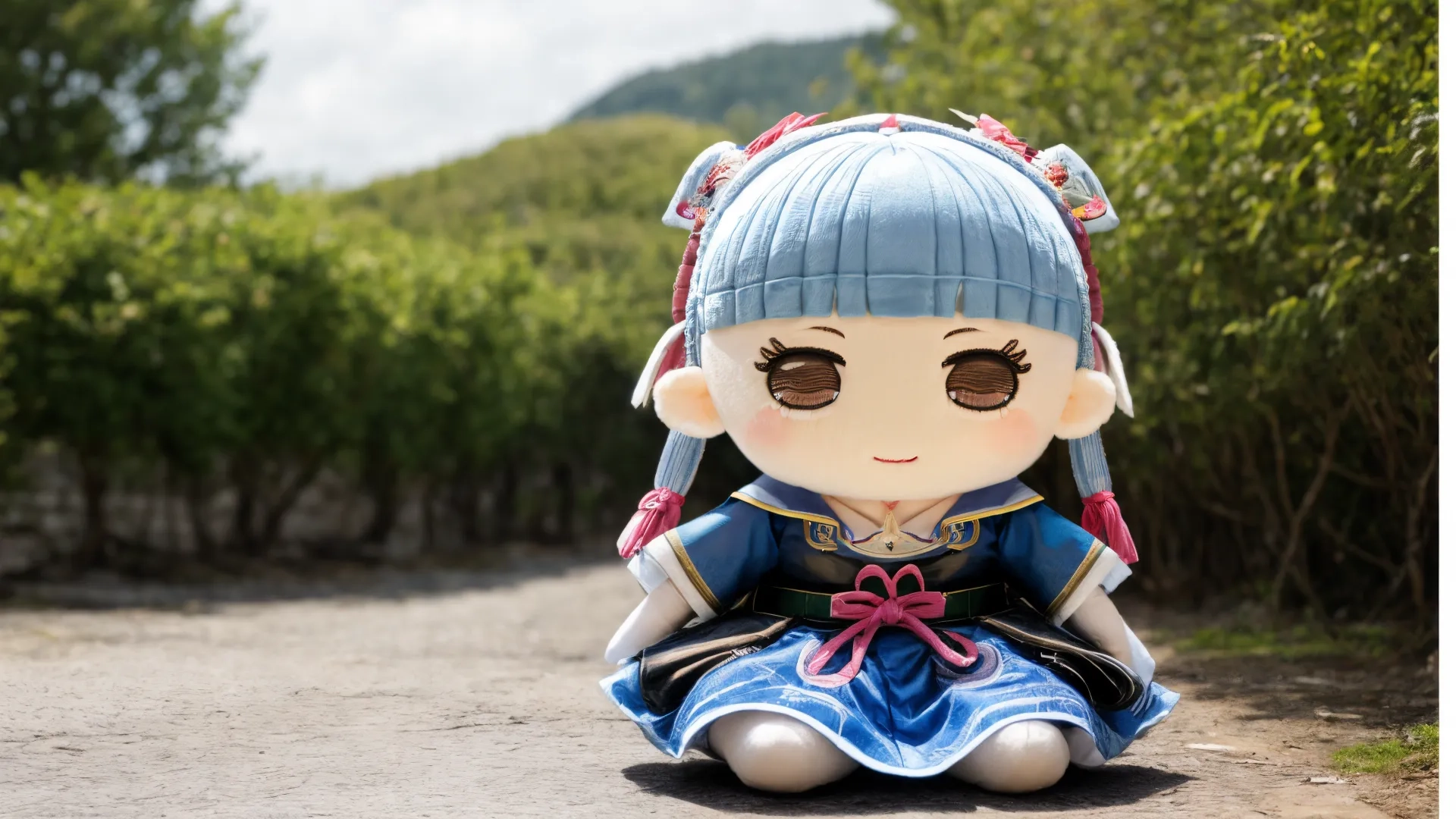 an in - game doll is ready for battle at the top of a hill near the trees and path surrounded by a lush hedgerowy forest