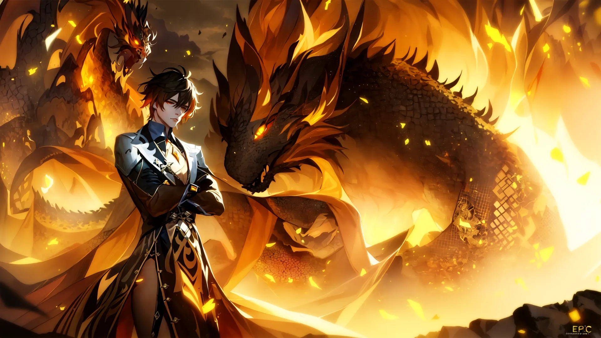 a woman in a black and brown suit stands near a fiery dragon while an orange fire approaches her, creating a large blaze over her head and shoulder