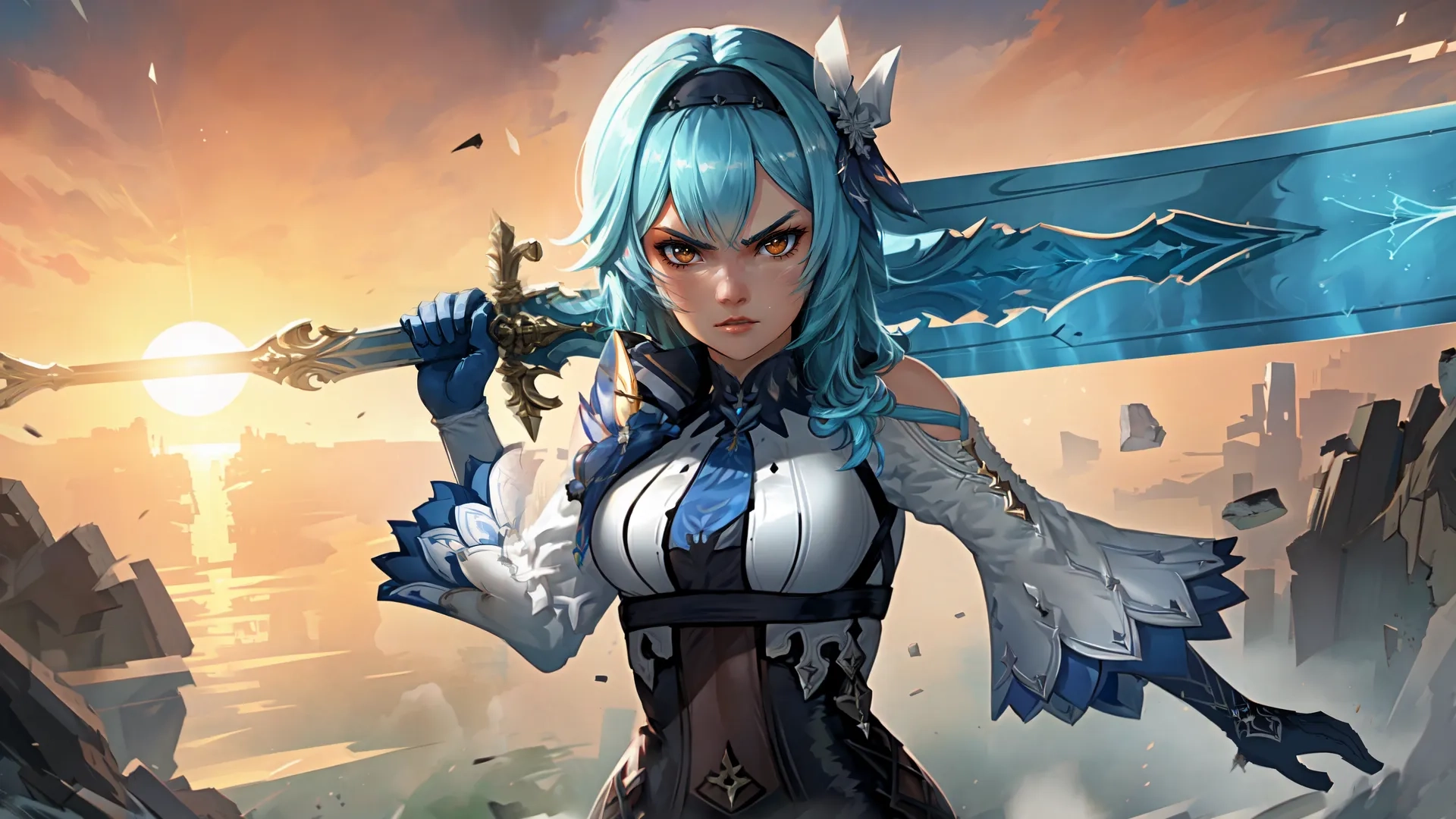 an elf standing in the mountains with a sword in her hands and two pieces of silver wings folded around her shoulders and one in her left arm