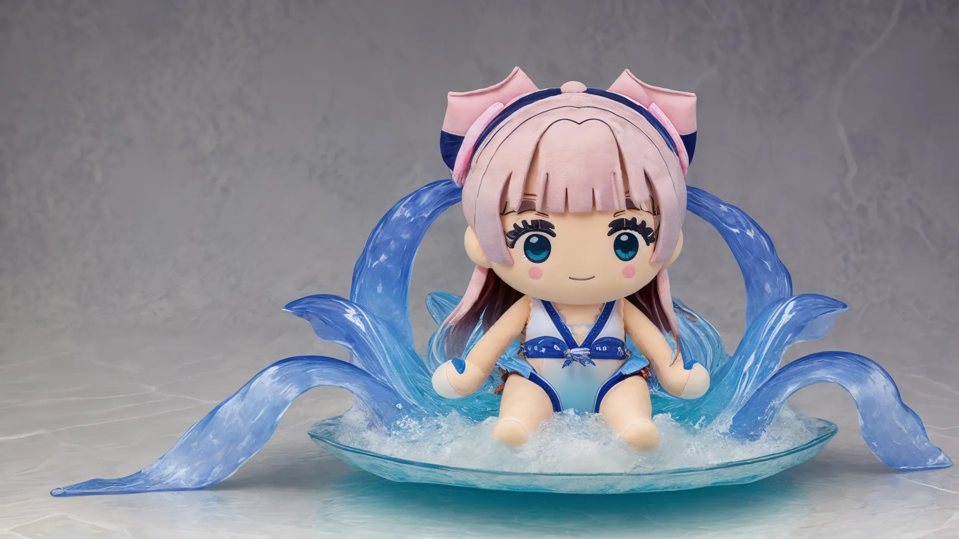 a girl sitting on a bowl and posing for the camera with her hands open next to a bowl of soap that includes a blue water