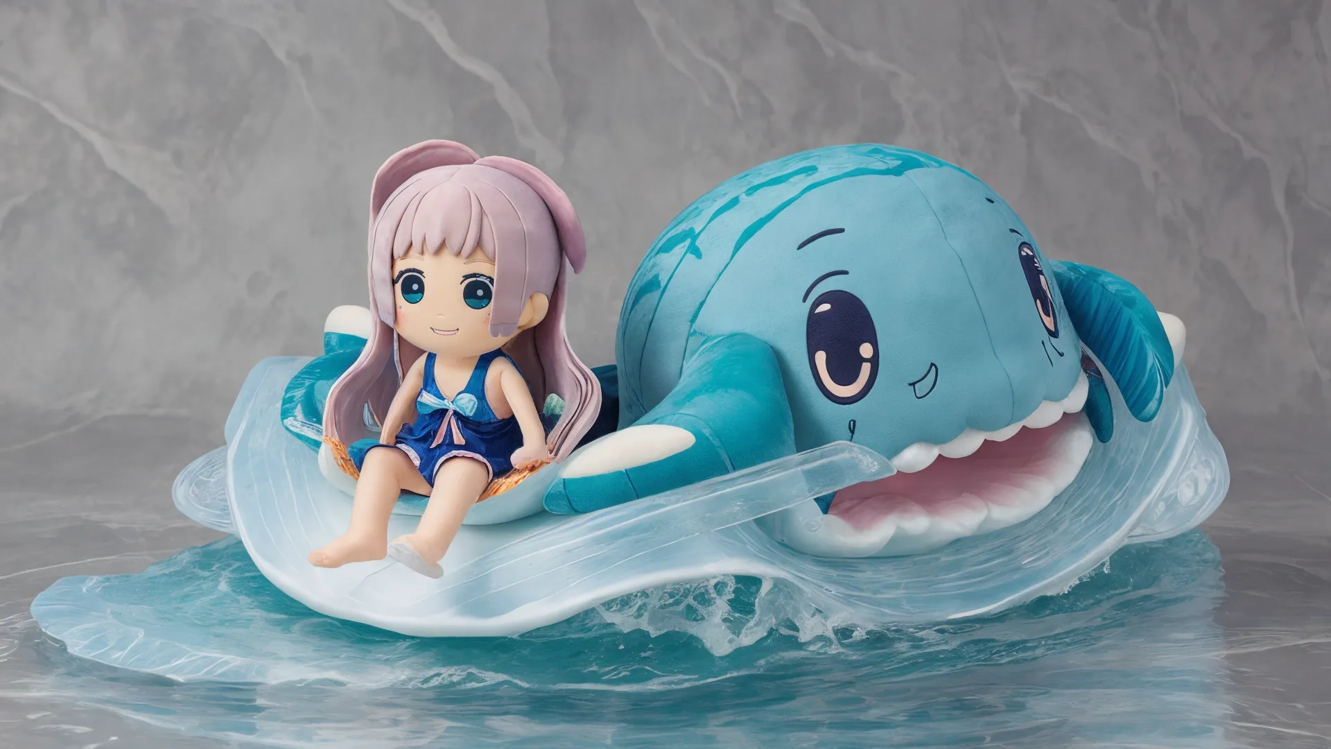 little figurines that are laying on top of some plastic in the ocean of a boat, each being pulled by a shark's jaw