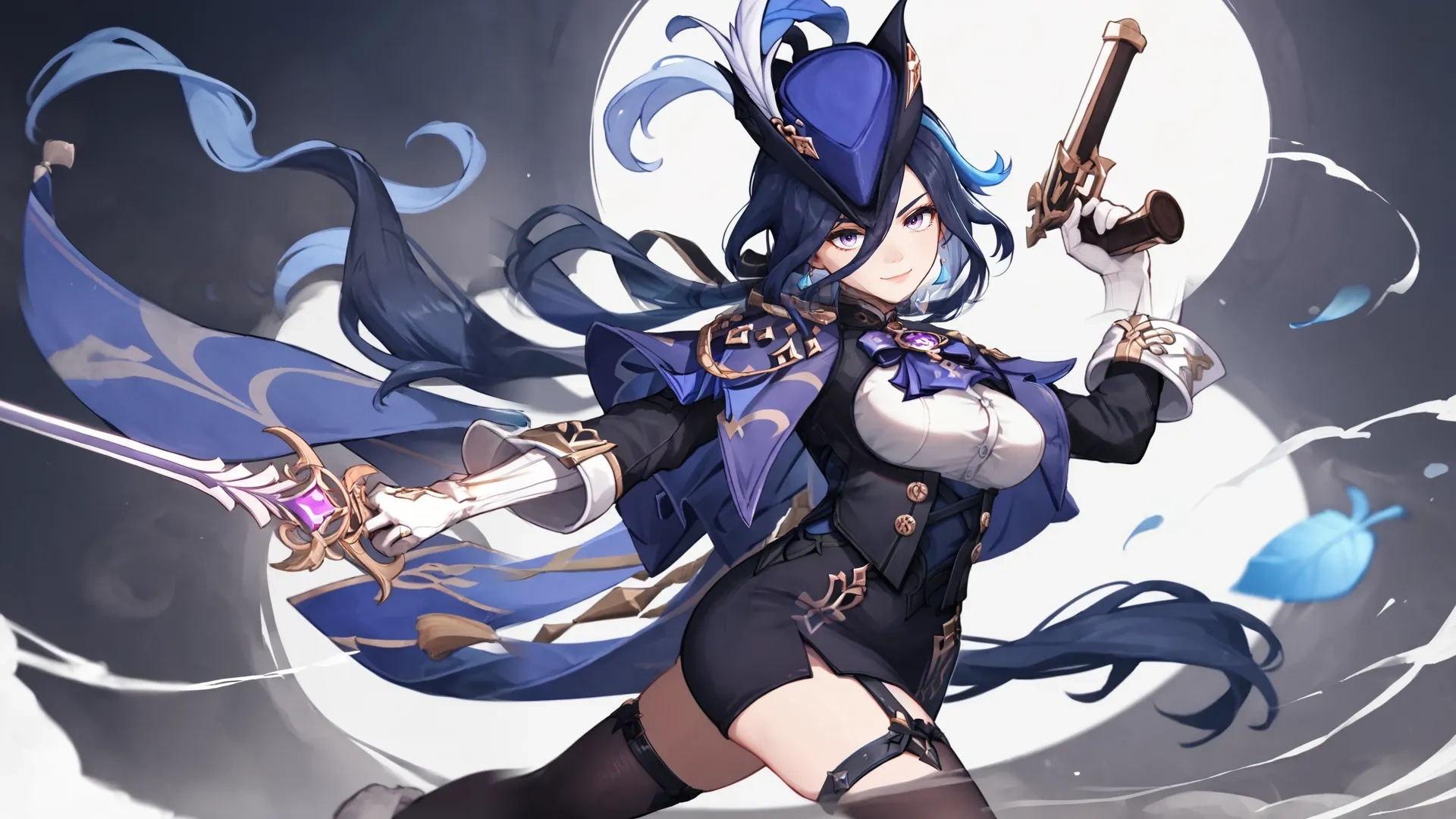 a female character that is about to launch into a battle action shootering in the night, and wearing full costume by gun equipment, on an umbrellas, and capes,