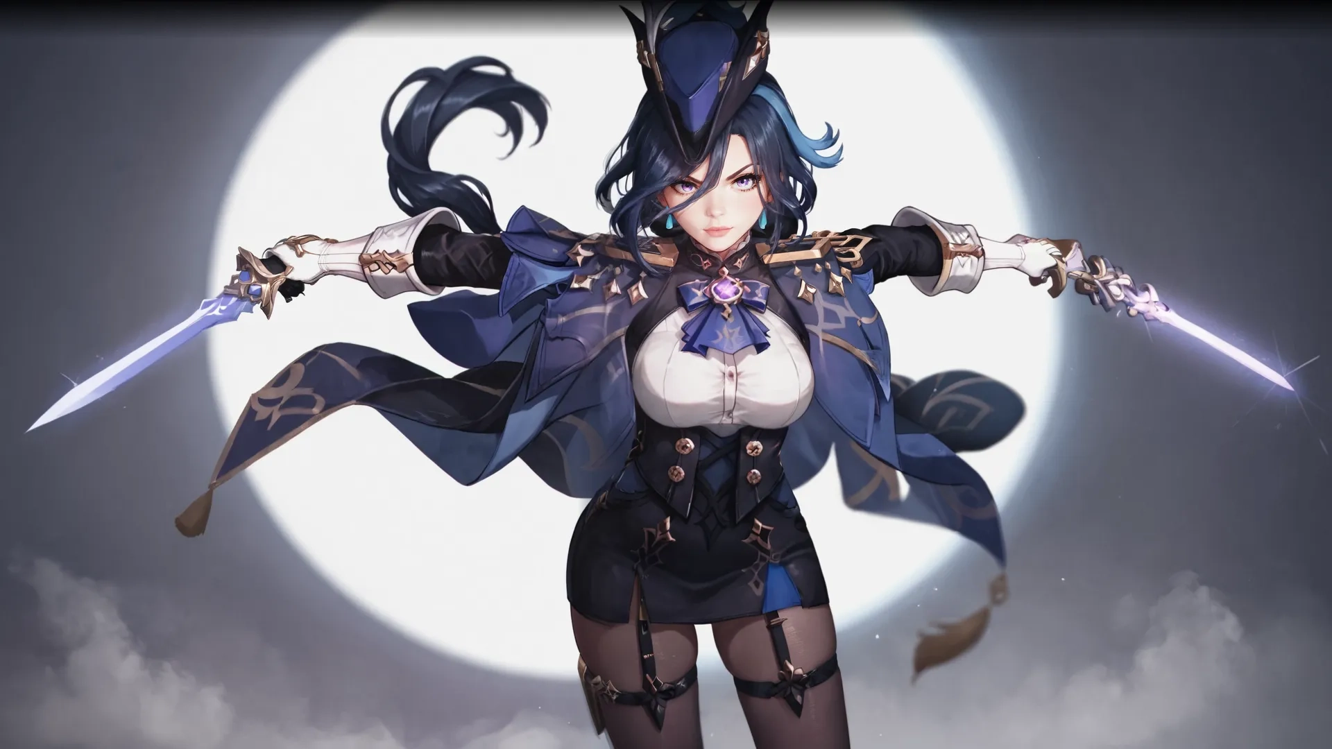 an anime woman dressed as a female knight with huge wings, two sworded back and a large chest, stands on it's shoulders
