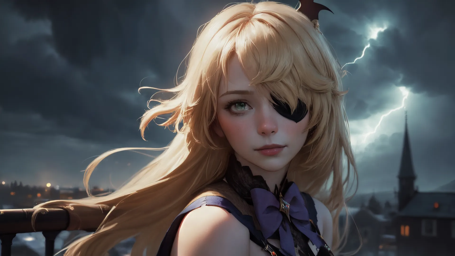the girl is sitting on a railing overlooking a town with gothic buildings and bats flying in her hair and hair clipping out from her face to her ears