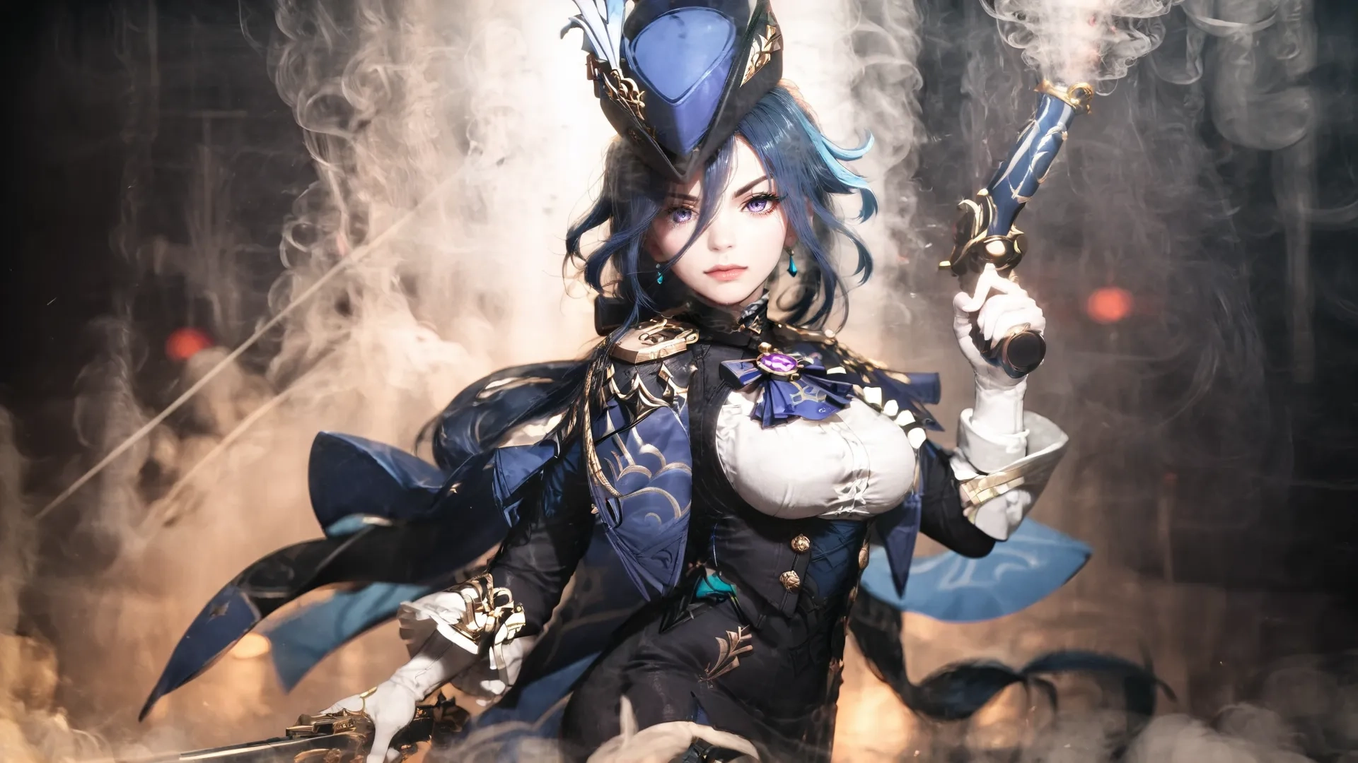 a beautiful looking lady holding two swords in a smoky background area, wearing gothic costume with elaborate hair and helmet and sword in her hands