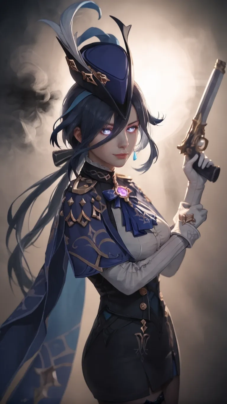 a female anime character is holding a gun on the street of a dark city wearing a blue outfit and hat while smoking a smokey area