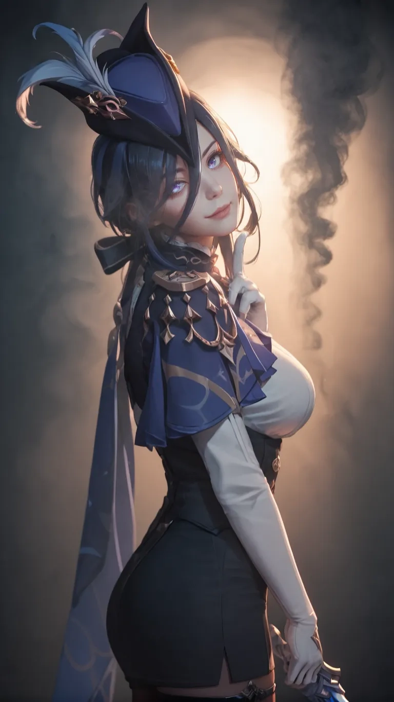 a woman holding her arm behind her head with a large feathered headdrell and collar in front of moonless sky in background
