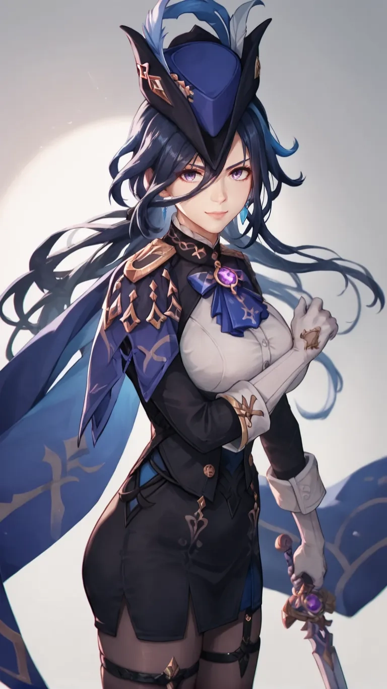 a woman with long hair, a blue dress and holding a sword poses for a picture in the air and sunlight with her hands behind her back to the camera
