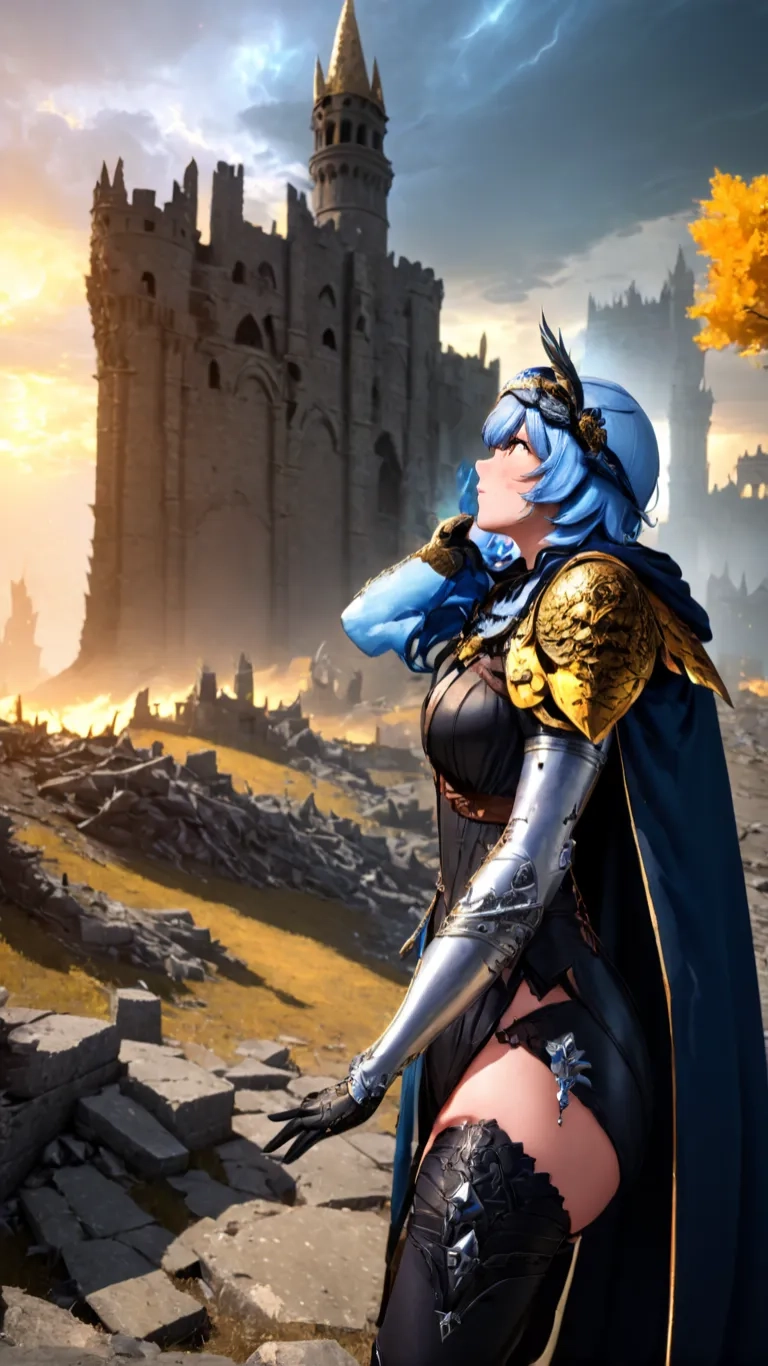 a female coutly dressed in black is posing near a stone castle

