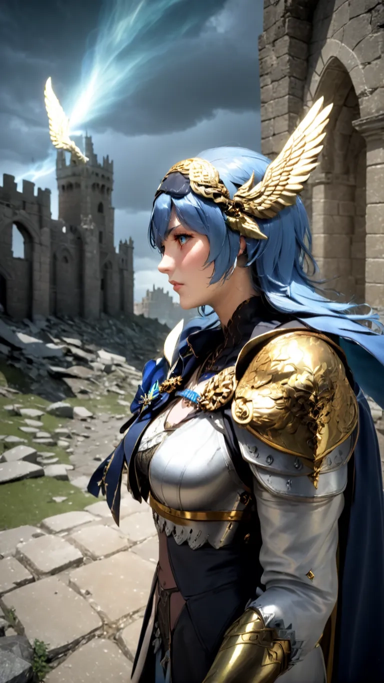a girl dressed in a silver dress with blue hair and wings