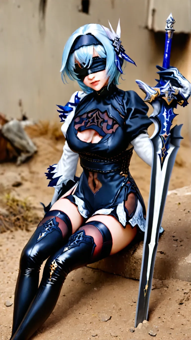 an asian girl holding a sword posing naked in front of a wall
