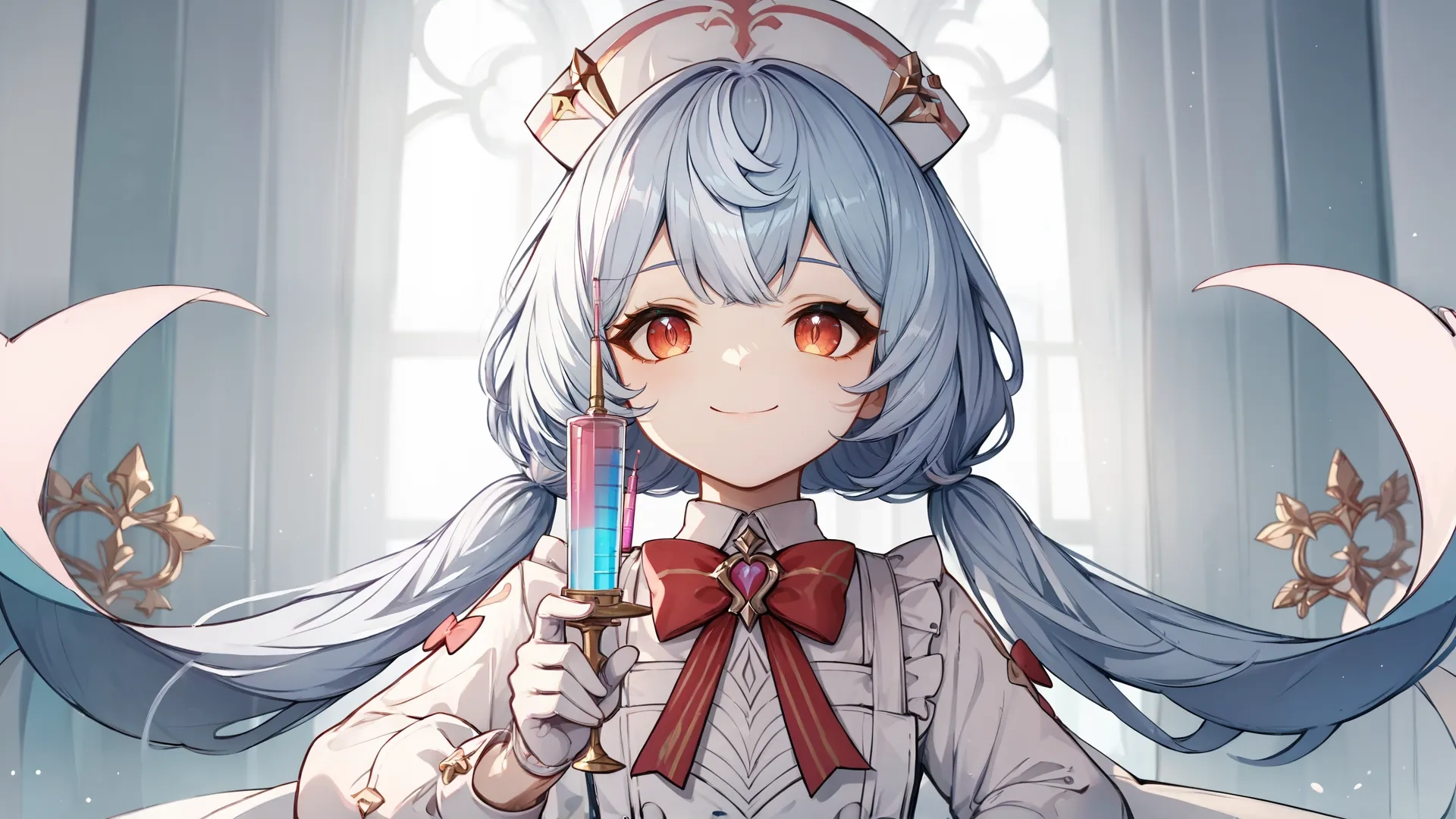 a girl with blue hair holding up some kind fork