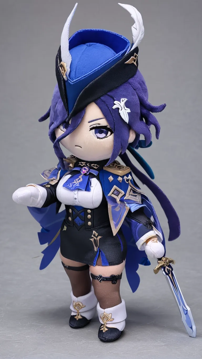 a toy with a hat and sword posing for camera