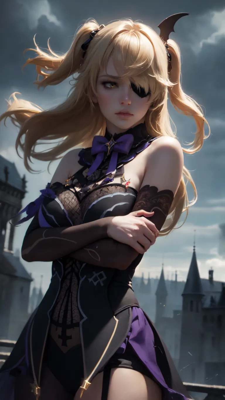 a sexy woman with horns standing against a city wall in an outfit is posing for the camera, very low lit photo with a big storm cloud