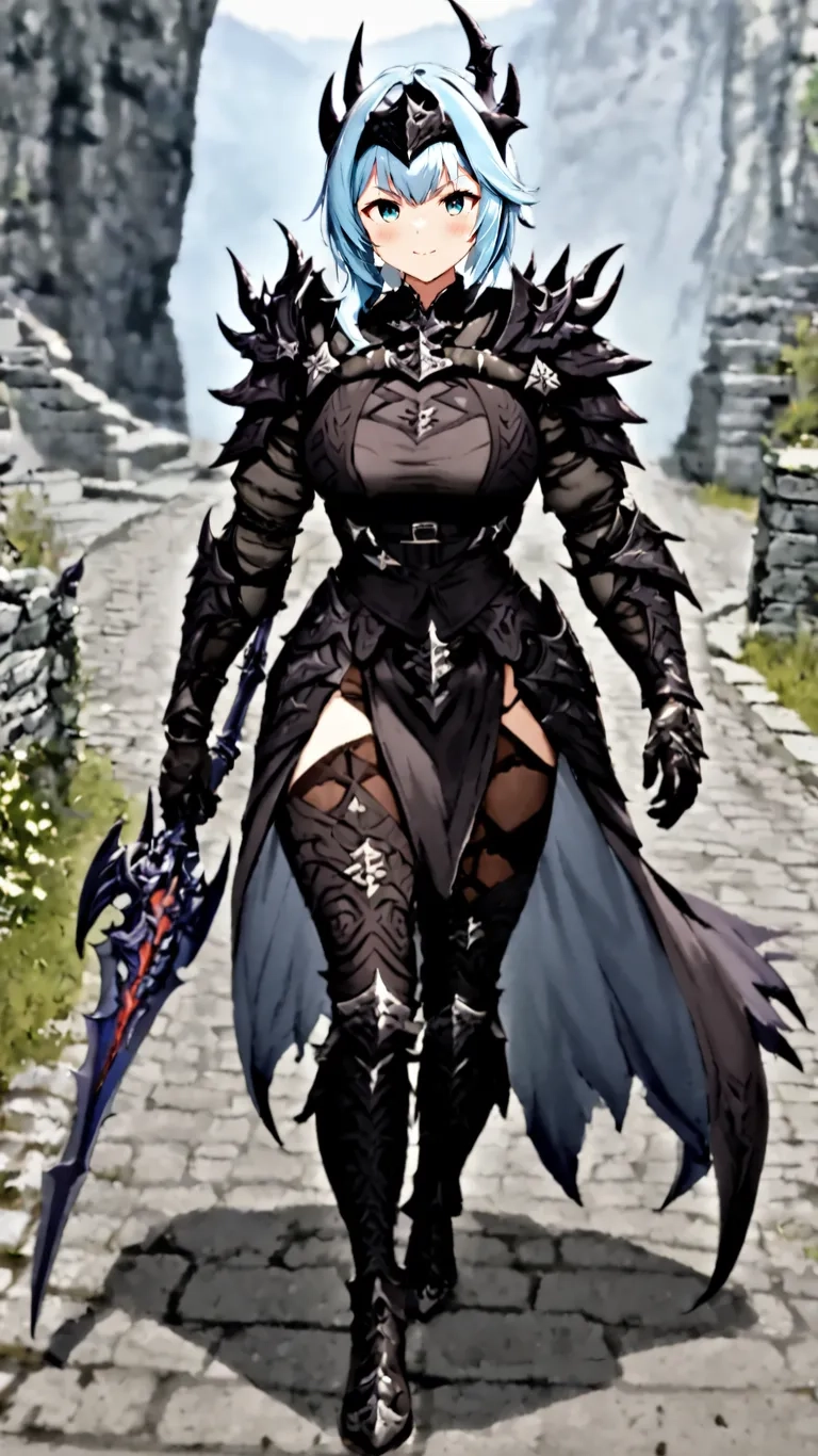 an anime - like female character in armor by rocks
