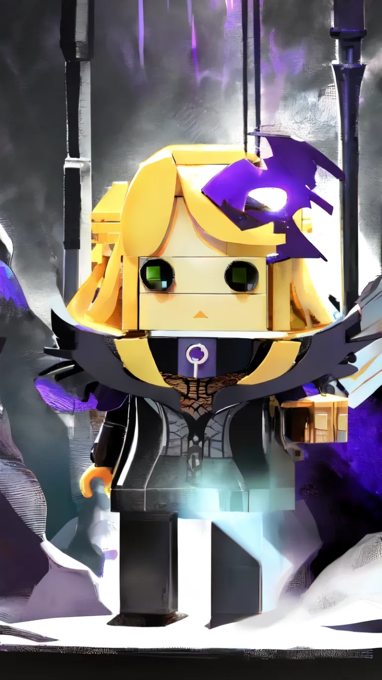 a lego building figure stands atop a purple and black background to look like a woman holding a sword and shield in front of her head is a purple and dark background