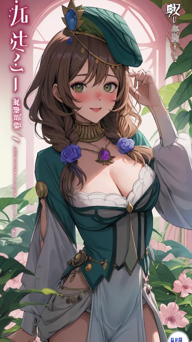 a young woman in sailor clothes posing in front of an arch - style window with flowers around her chest and hand on the breasts while in front