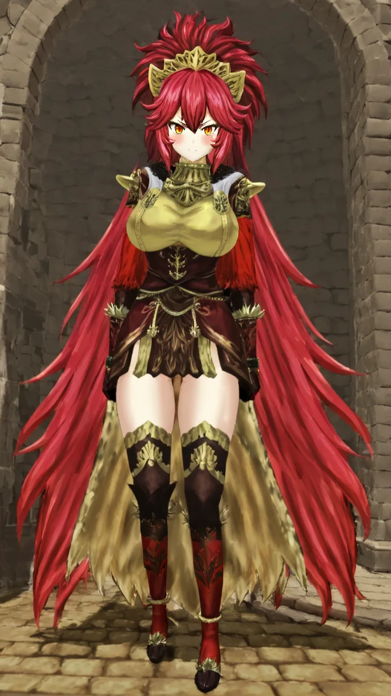 a woman in a red and gold outfit has her arms folded behind her back